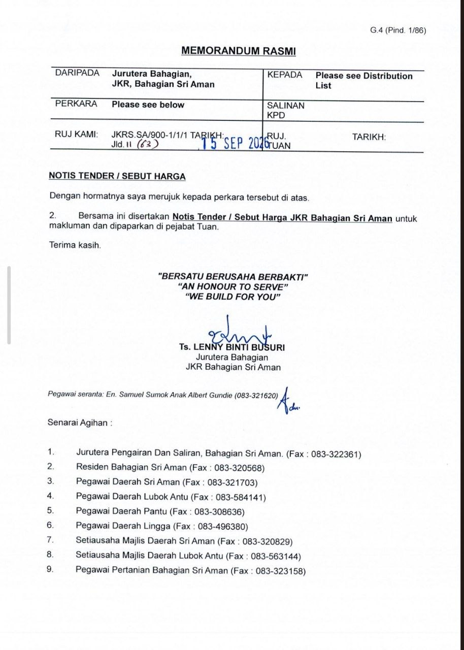 Notis Tender / Sebut Harga JKR Bahagian Sri Aman