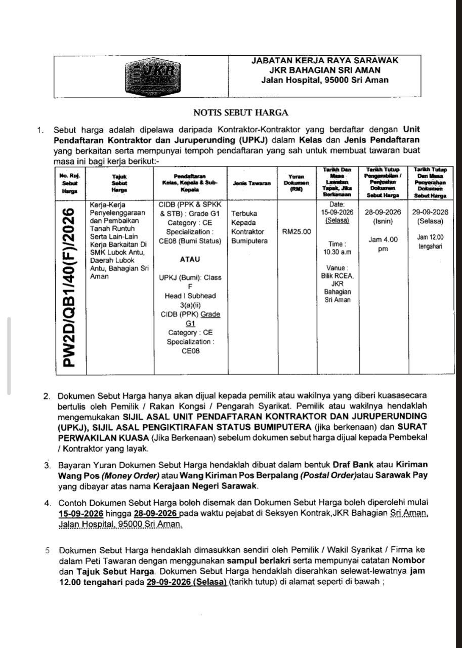 Notis Tender / Sebut Harga JKR Bahagian Sri Aman
