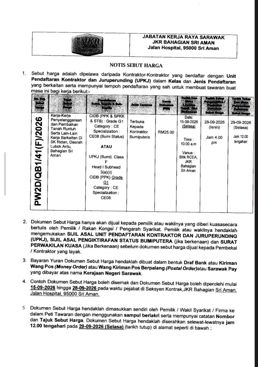 Notis Tender / Sebut Harga JKR Bahagian Sri Aman