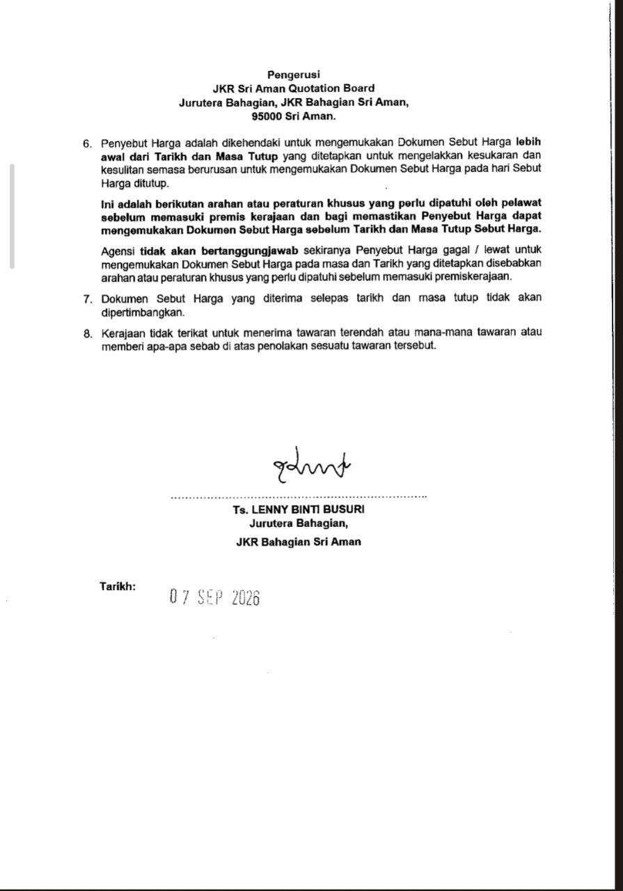 Notis Tender / Sebut Harga JKR Bahagian Sri Aman
