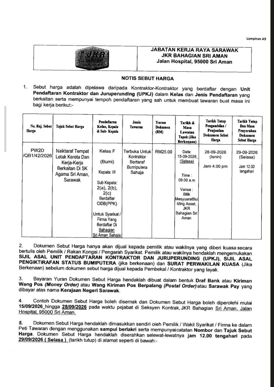 Notis Tender / Sebut Harga JKR Bahagian Sri Aman