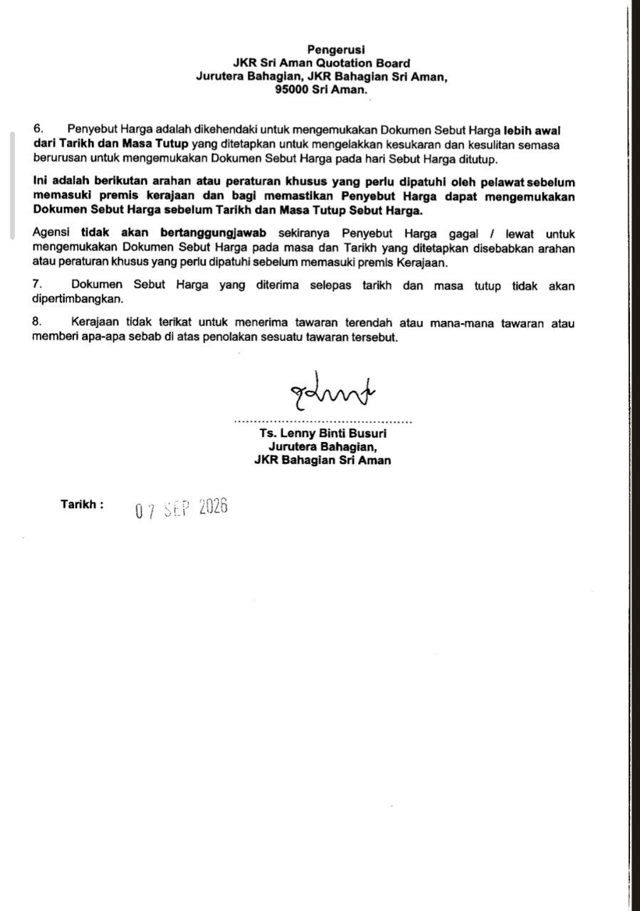 Notis Tender / Sebut Harga JKR Bahagian Sri Aman